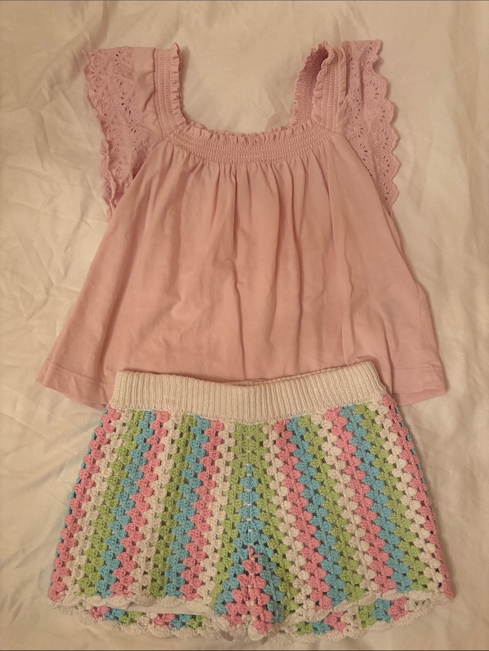 Girls Pink Eyelet Sleeve Tank Top and Pastel Crochet Skirt Set